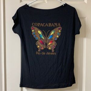 🌷3 for$25🌷Unbranded, US M, Black Beaded Butterfly Cap Sleeved Tee Shirt, NWOT